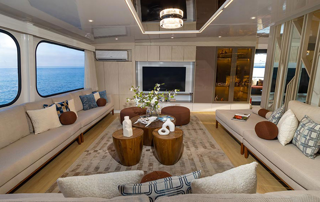 Modern living area with ocean view of a luxury yacht